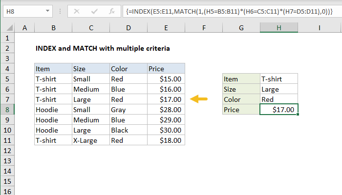 Excel formula: INDEX and MATCH with multiple criteria