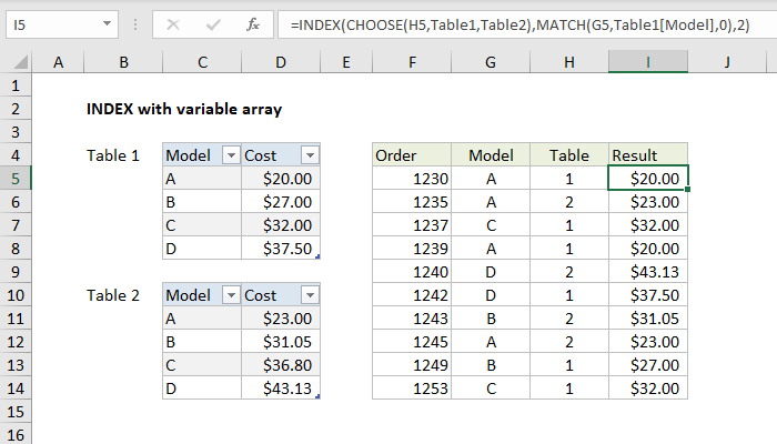 Excel formula: INDEX with variable array