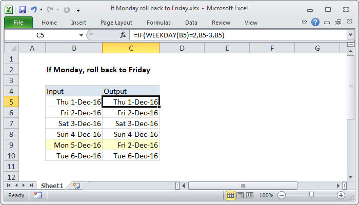 Excel formula: If Monday, roll back to Friday Excel formula: If Monday, roll back to Friday