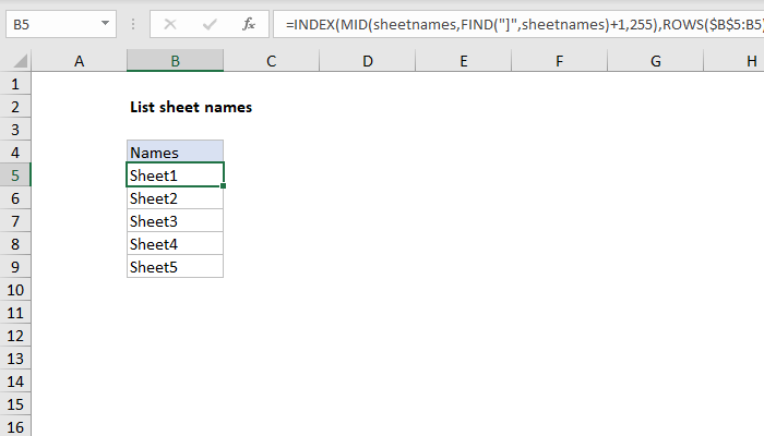 Excel formula: List sheet names with formula