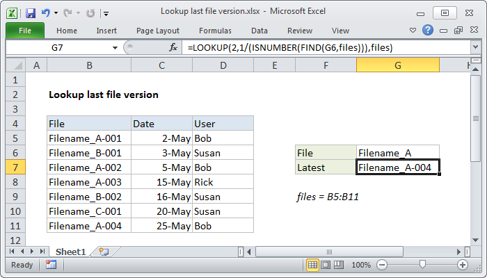 Excel formula: Lookup last file version