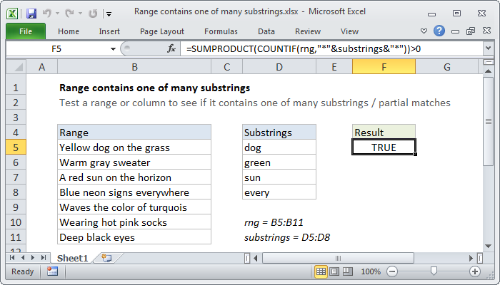 Excel formula: Range contains one of many substrings