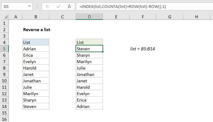Excel formula: Reverse a list or range