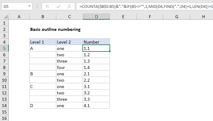 Excel formula: Basic outline numbering
