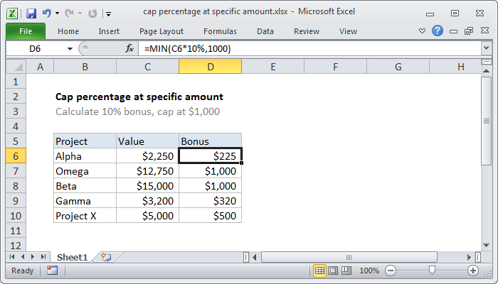 Excel formula: Cap percentage at specific amount