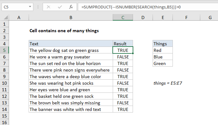 Excel formula: Cell contains one of many things