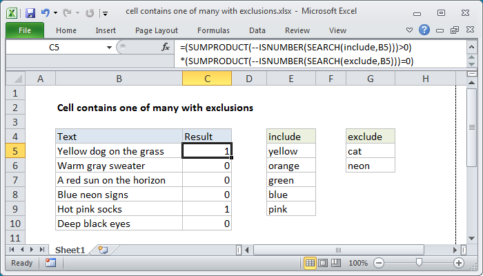 Excel formula: Cell contains one of many with exclusions