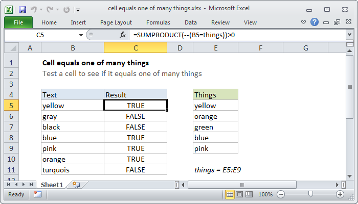 Excel formula: Cell equals one of many things