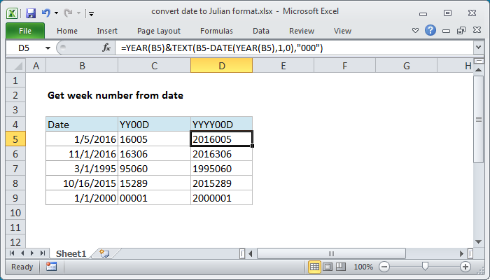 Excel formula: Convert date to Julian format