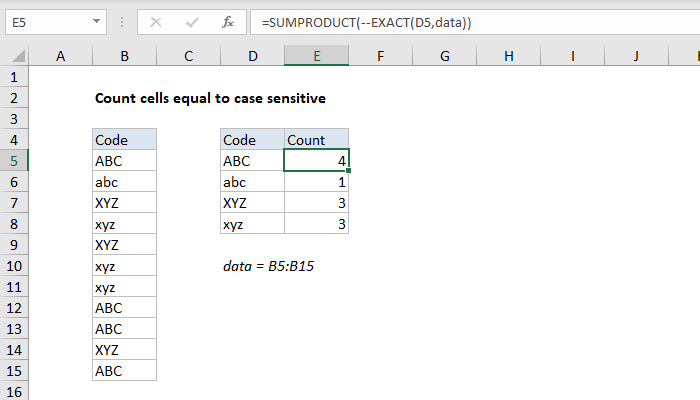 Excel formula: Count cells equal to case sensitive