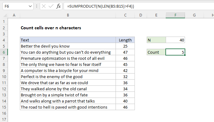 Excel formula: Count cells over n characters Excel formula: Count cells over n characters