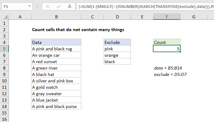 Excel formula: Count cells that do not contain many strings