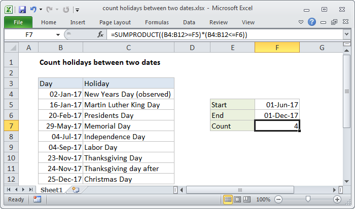 Excel formula: Count holidays between two dates