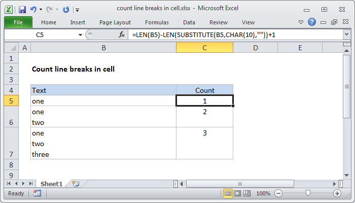 Excel formula: Count line breaks in cell