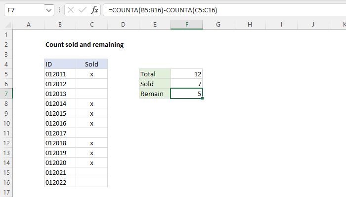 Excel Formula Count Sold And Remaining Exceljet Excel Formula Count Sold And Remaining Exceljet
