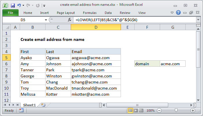 Excel formula: Create email address with name and domain