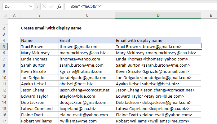 Excel formula: Create email with display name Excel formula: Create email with display name