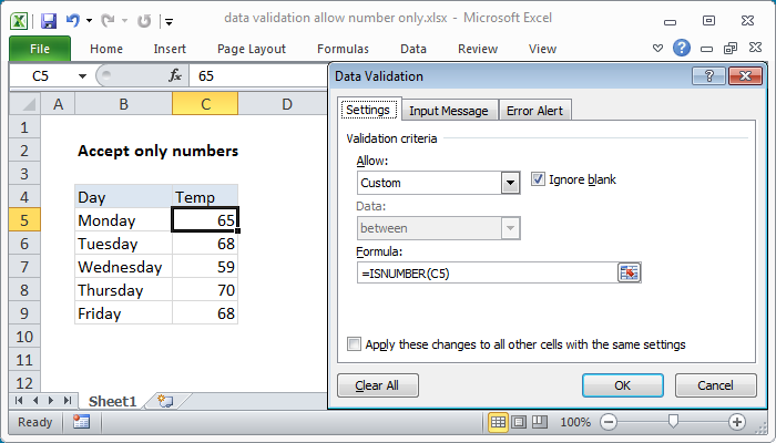Excel formula: Data validation allow numbers only