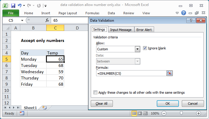 Excel formula: Data validation allow numbers only Excel formula: Data validation allow numbers only