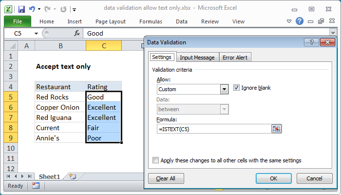 Excel formula: Data validation allow text only