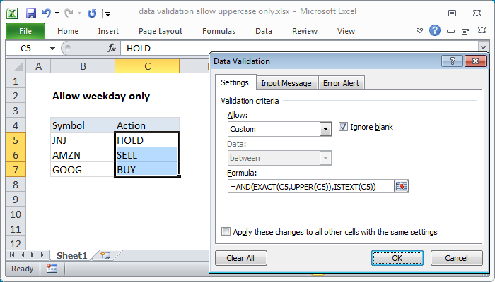 Excel formula: Data validation allow uppercase only