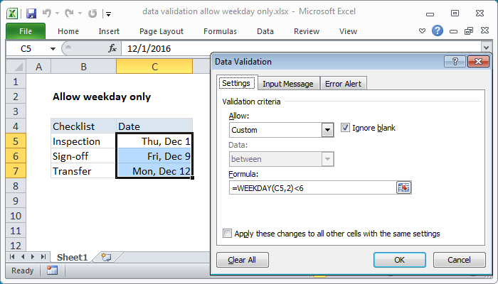 Excel formula: Data validation allow weekday only Excel formula: Data validation allow weekday only