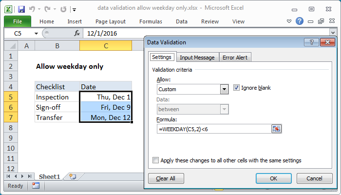 Excel formula: Data validation allow weekday only