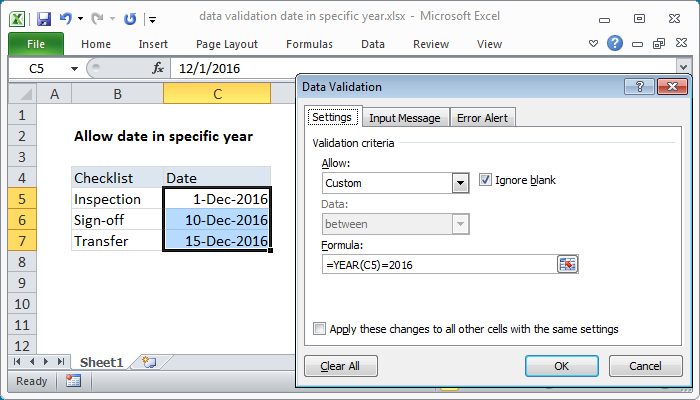Excel formula: Data validation date in specific year Excel formula: Data validation date in specific year