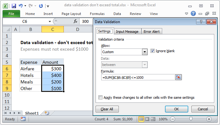 Excel formula: Data validation don't exceed total