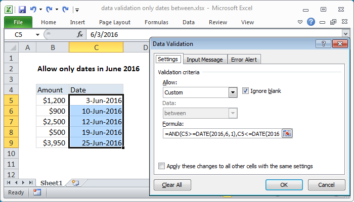 Excel formula: Data validation only dates between Excel formula: Data validation only dates between