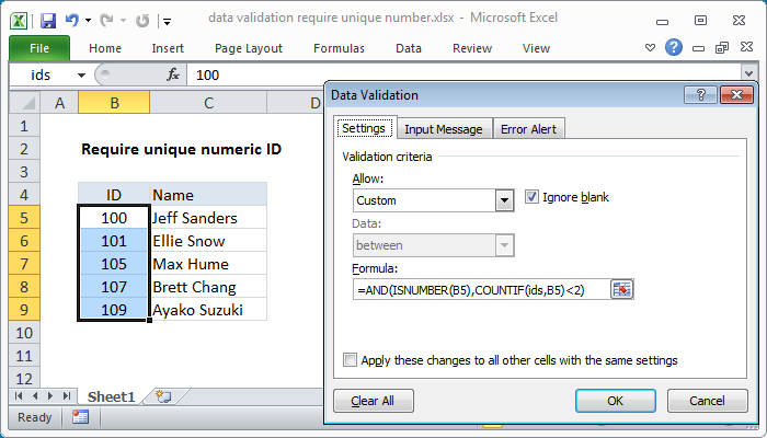 Excel formula: Data validation require unique number Excel formula: Data validation require unique number