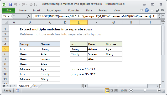 Excel formula: Extract multiple matches into separate rows