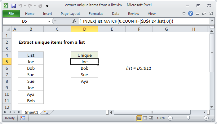 Excel formula: Extract unique items from a list