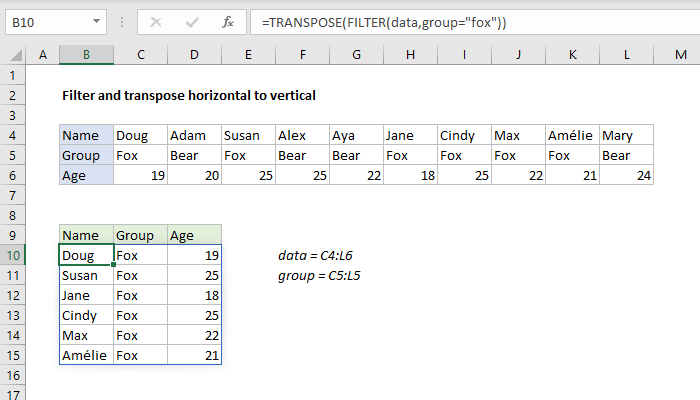Excel formula: Filter and transpose horizontal to vertical