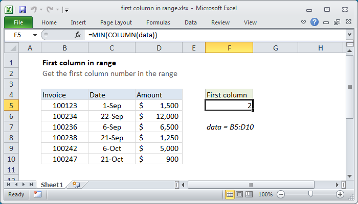 Excel formula: First column number in range Excel formula: First column number in range