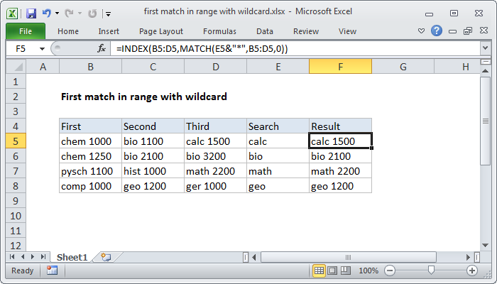 Excel formula: First match in range with wildcard