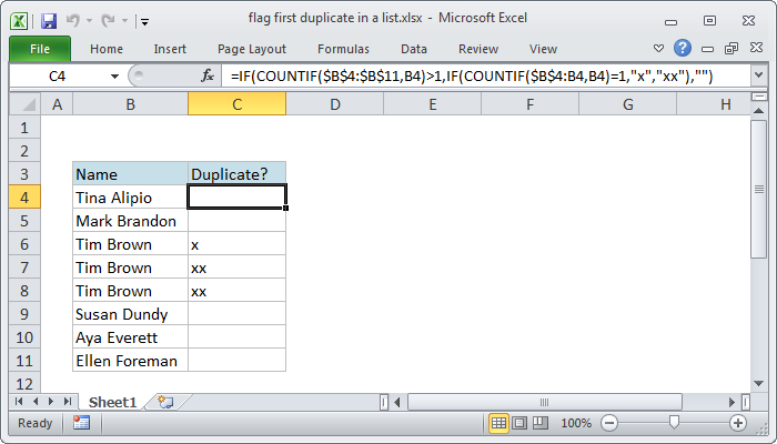 Excel formula: Flag first duplicate in a list