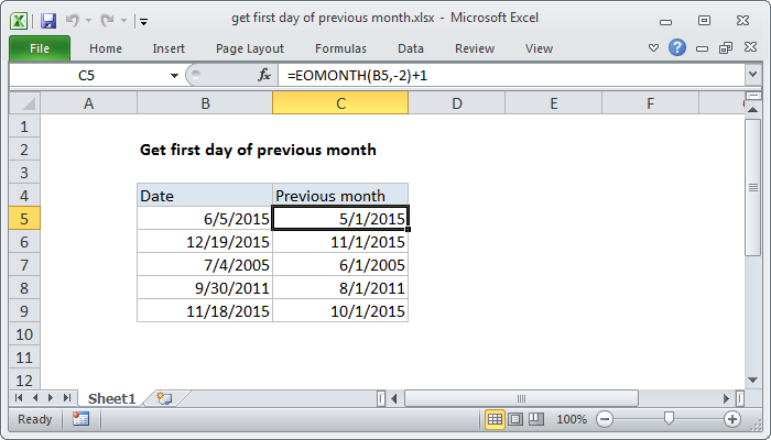 Excel formula: Get first day of previous month Excel formula: Get first day of previous month