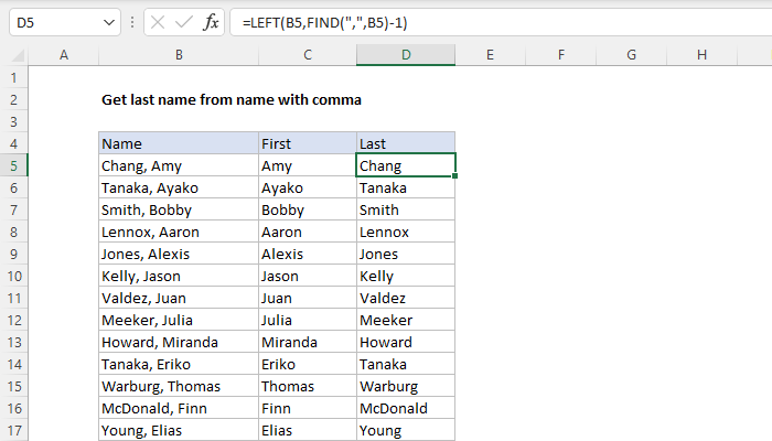 Excel formula: Get last name from name with comma