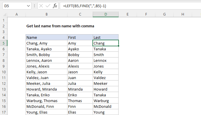 Excel formula: Get last name from name with comma Excel formula: Get last name from name with comma