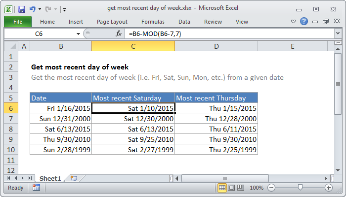 Excel formula: Get most recent day of week