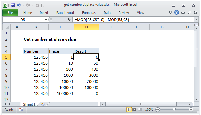 Excel formula: Get number at place value