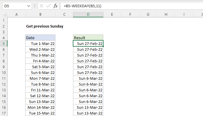 Excel formula: Get previous Sunday Excel formula: Get previous Sunday