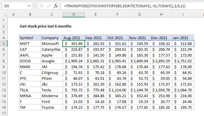 Excel formula: Get stock price last n months Excel formula: Get stock price last n months