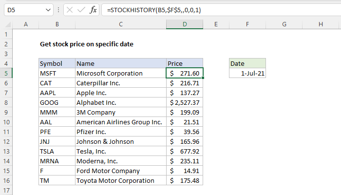 Excel formula: Get stock price on specific date