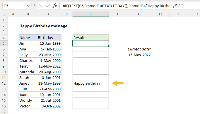 Excel formula: Happy birthday message
