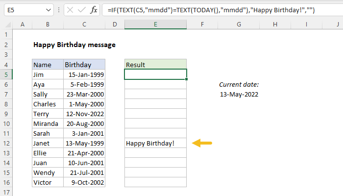 Excel formula: Happy birthday message Excel formula: Happy birthday message