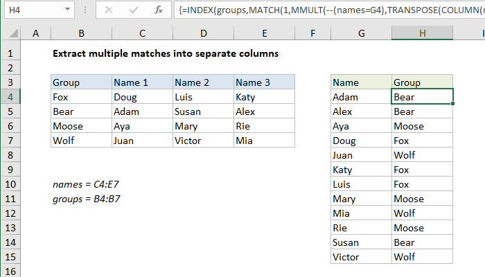Excel formula: Index and match on multiple columns