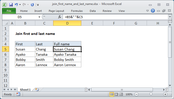 Excel formula: Join first and last name