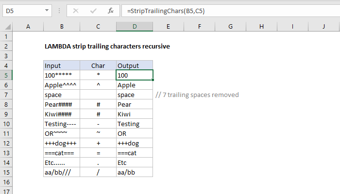 Excel formula: LAMBDA strip trailing characters recursive Excel formula: LAMBDA strip trailing characters recursive